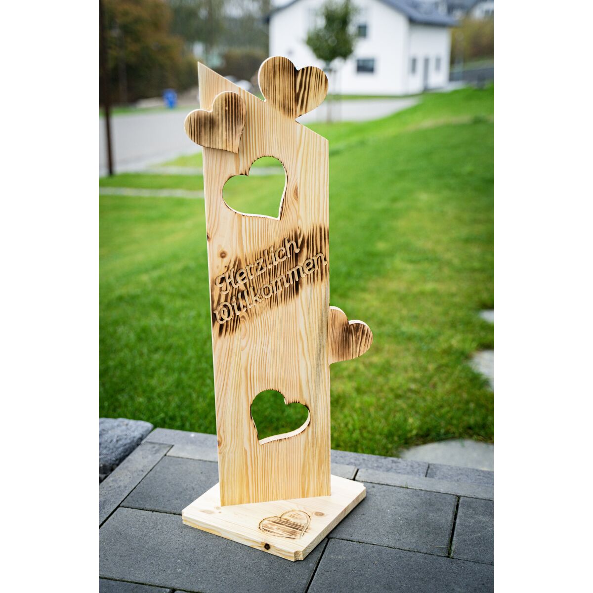 Holz Deko Schild geflammt Herzlich Willkommen NR2