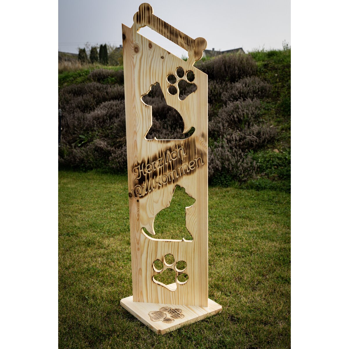 Holz Deko Schild geflammt Herzlich Willkommen Hund NR7 XXL Der Eins
